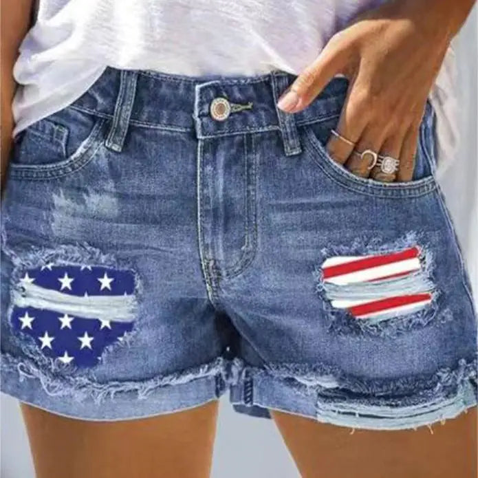 Flag Print Denim Shorts