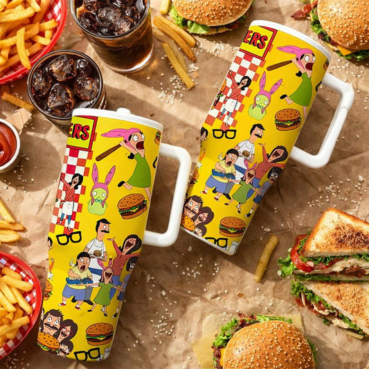 1 Pc 40Oz Burger Family Cartoon Insulated Tumbler with Handle and Lid, Funny Food Lover Animation Design, Double Wall Stainless Steel Travel Mug for Hot Cold Drinks, Leak Proof Large Capacity Cup, Aesthetic Gift for Burger Fans, Home Office Daily Use