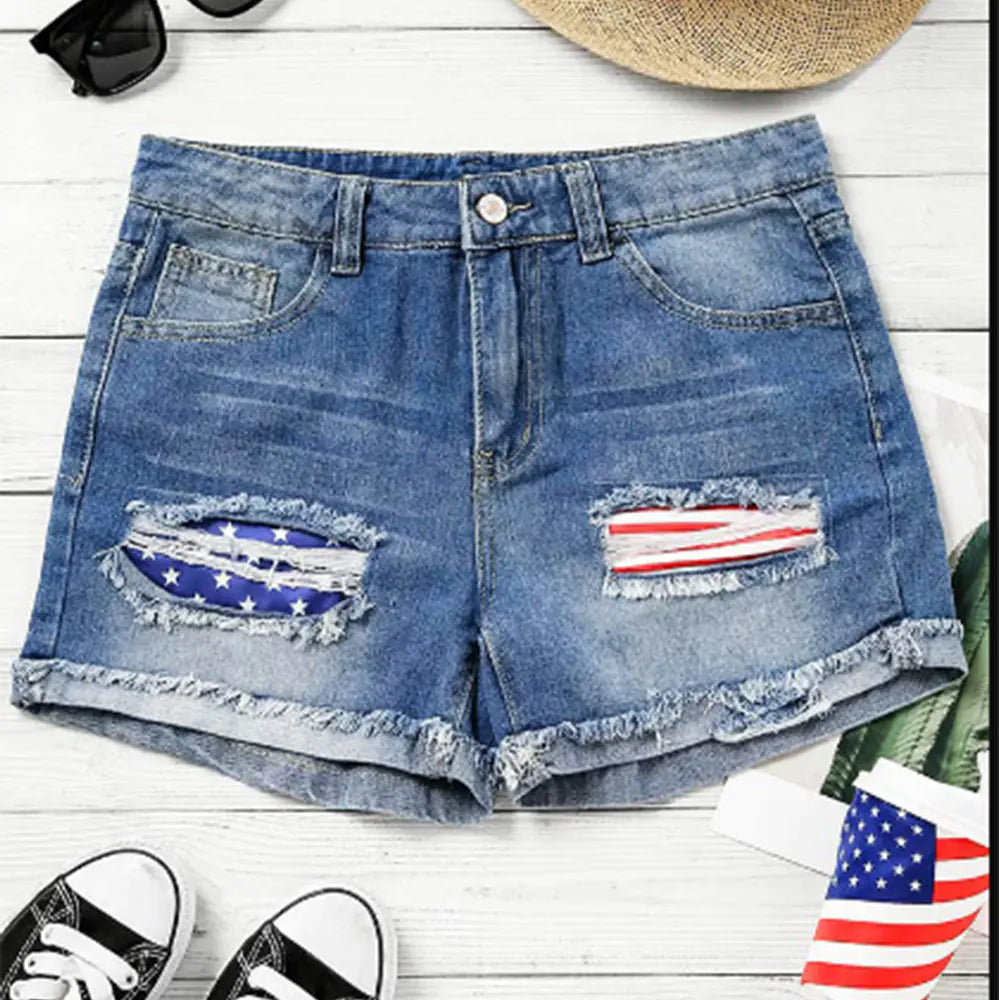 Flag Print Denim Shorts