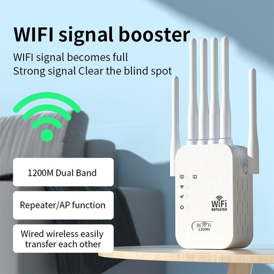 1200Mbps Dual-Band Wifi Extender with 6 High-Gain Antennas – Wifi Signal Booster & Repeater, Supports Repeater/Ap Mode, Wired-Wireless Conversion, Eliminate Dead Zones for Home & Office Ethernet Port